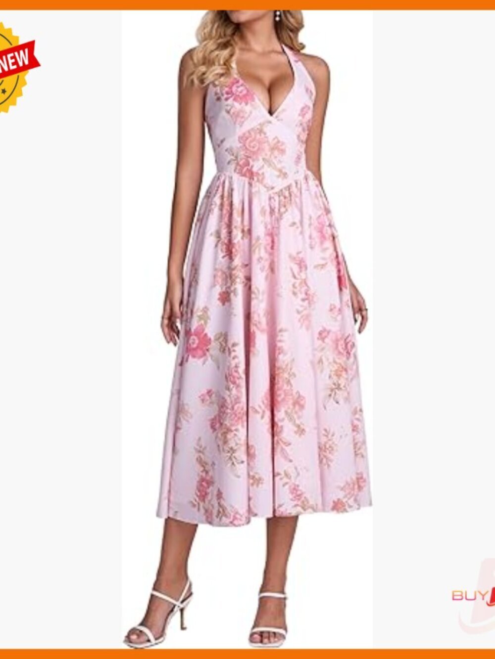 Halter V-Neck Midi Dress Corset Smocked Sundress A-Line Wedding Guest